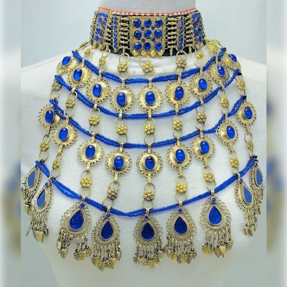 Blue Stone Kuchi Choker Necklace: Handmade Afghan Tribal Jewelry